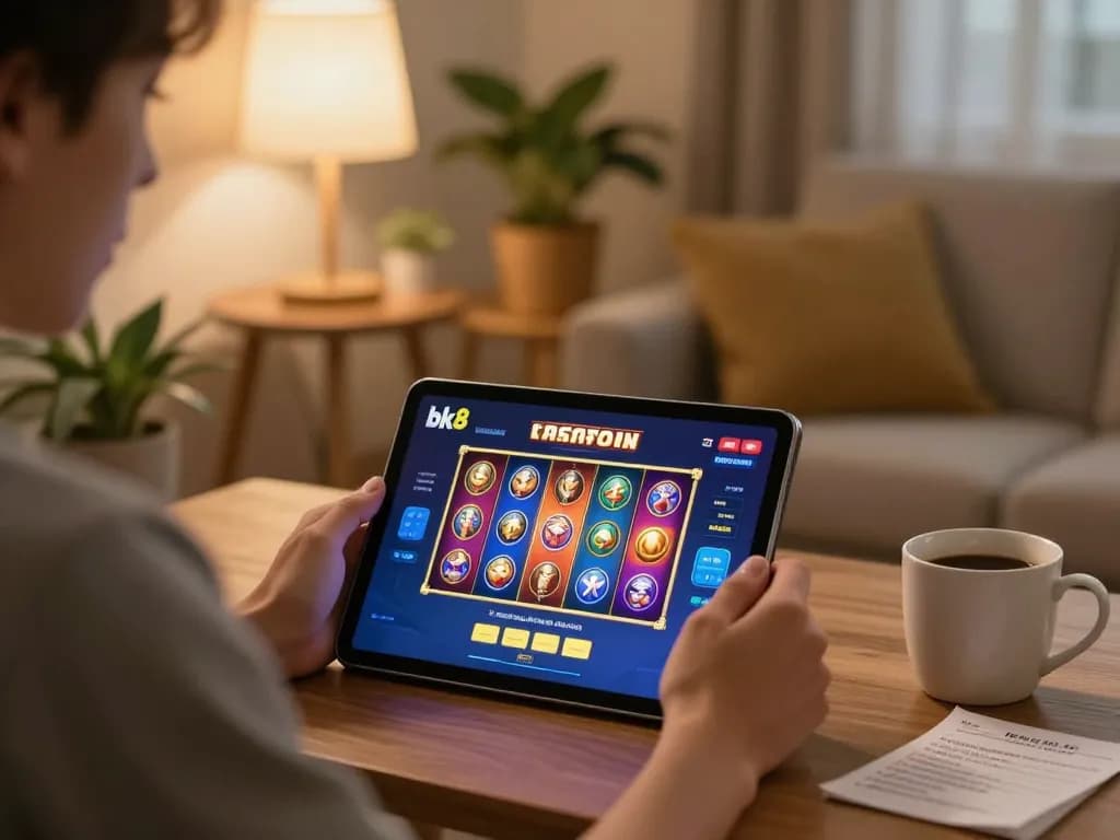 Engaging in a strategic session on the bk8 online casino app while enjoying a cozy home atmosphere.