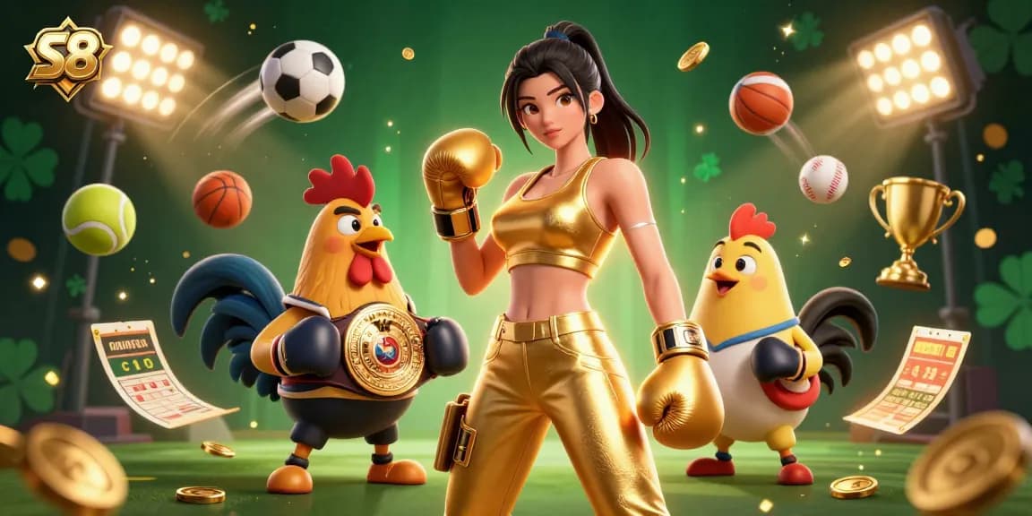 S8 sports betting action with a powerful woman and championship rooster, surrounded by dynamic game elements.