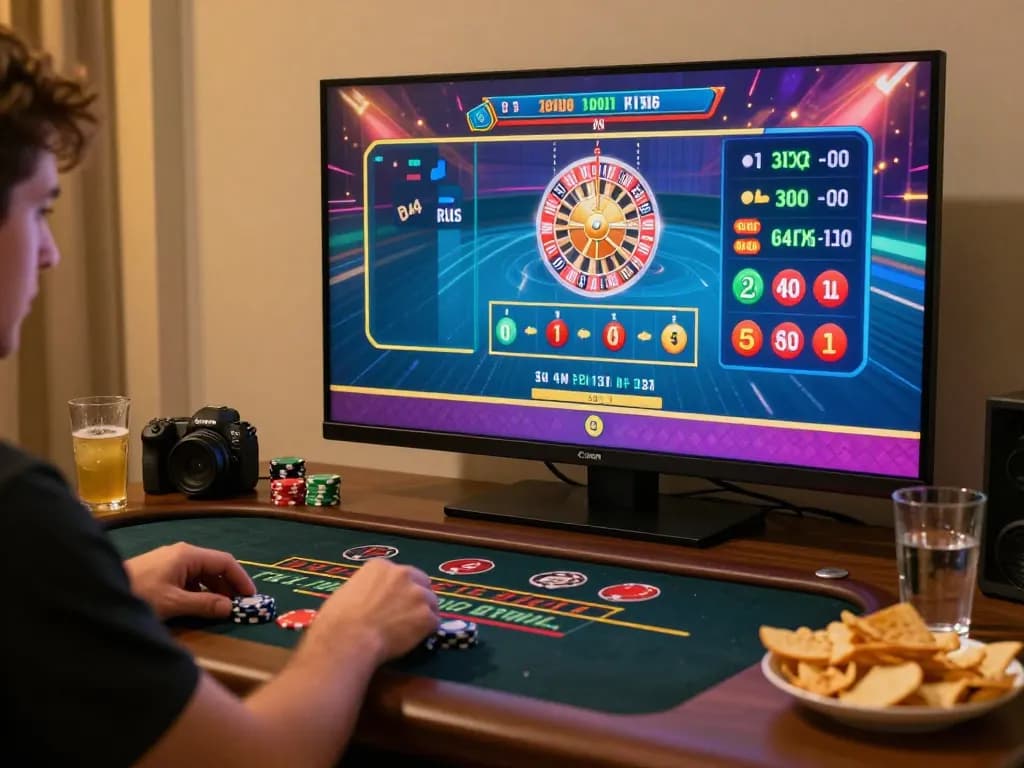 Engaging with live casino games on Oxbet, a player strategizes while enjoying home comfort.