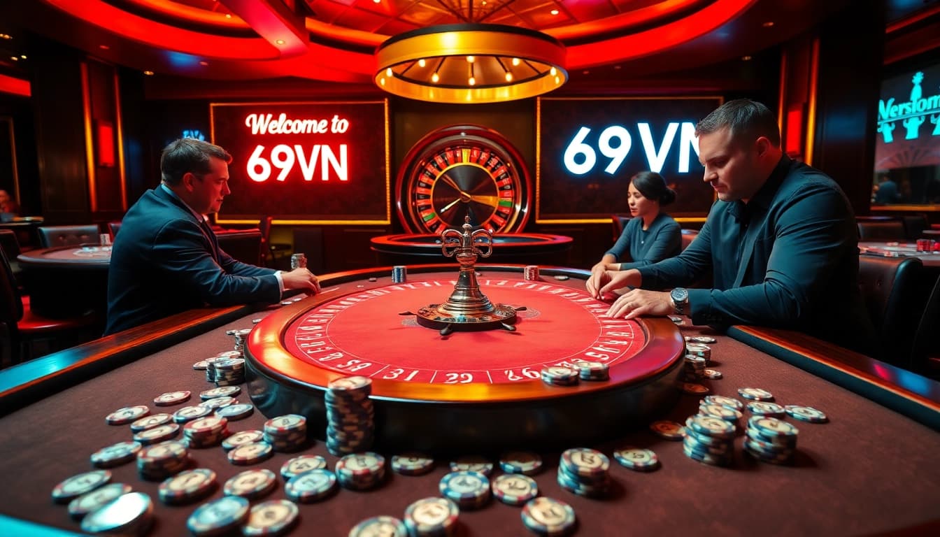 Experience the thrill of the casino at https://69vnn.ninja/ with a vibrant poker table and roulette wheel.