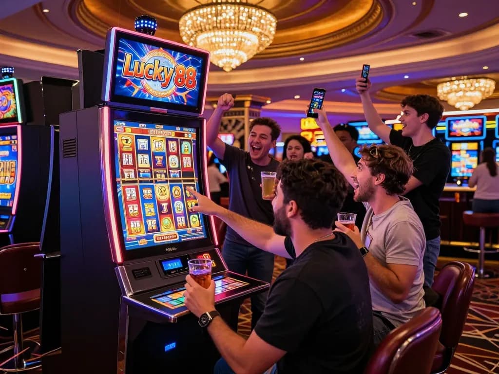 Exciting casino scene at Lucky 88 slot machine with diverse players celebrating a jackpot win.