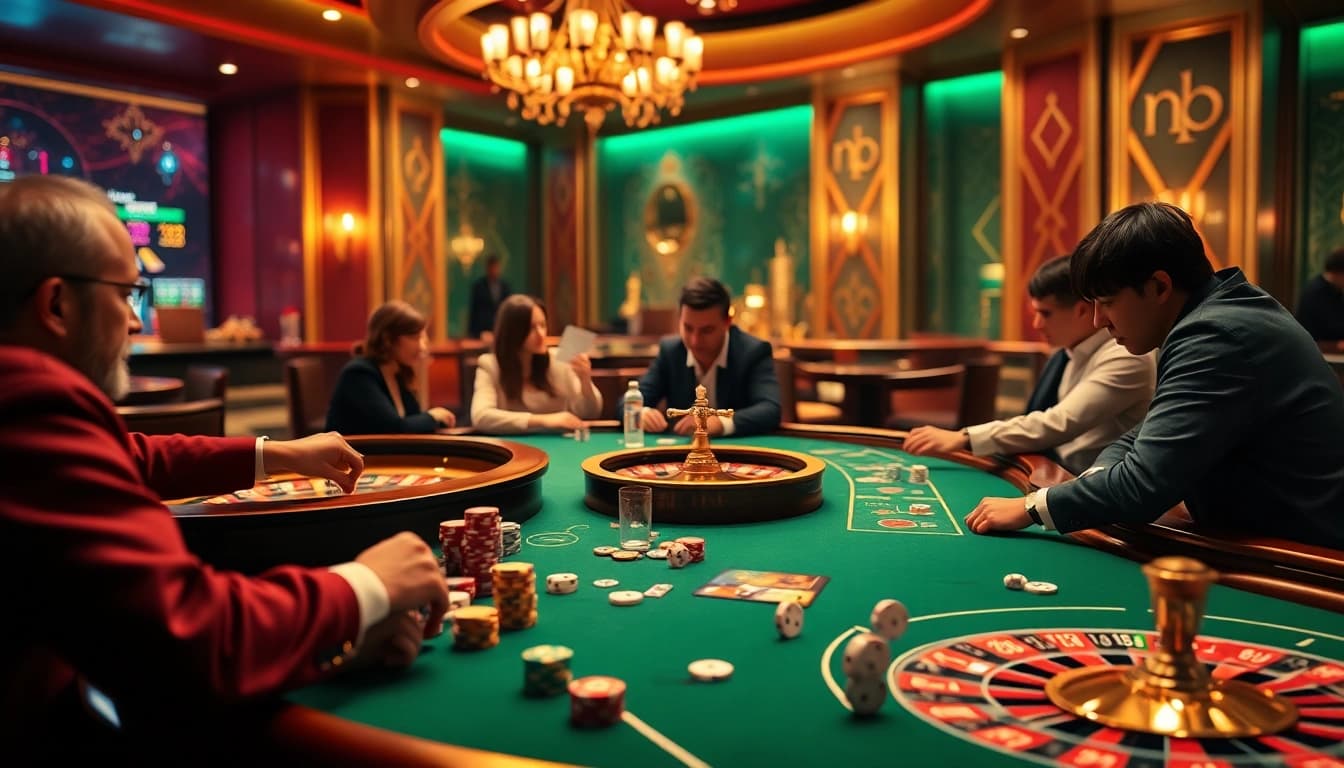 Exciting gambling scene at nohu900.in.net featuring players at a poker table with chips and cards in action.