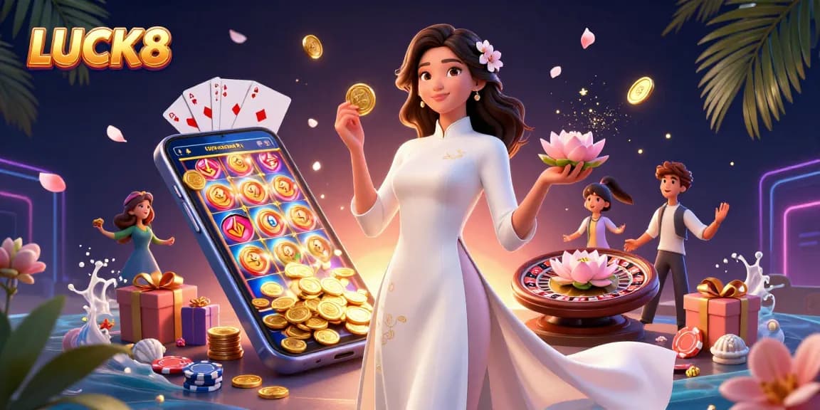 Engage with LUCK8's dynamic gaming world, showcasing an elegant woman amidst vibrant slot games.