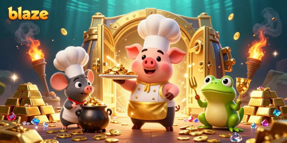 Engage with the excitement of gambling at blaze, featuring a vibrant scene of cartoon characters amidst treasures.