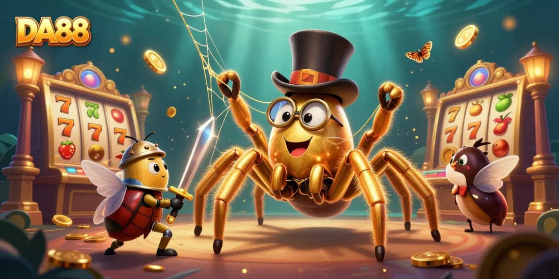 Experience DA88's thrilling jackpot with a golden tarantula weaving excitement in this vibrant casino scene.