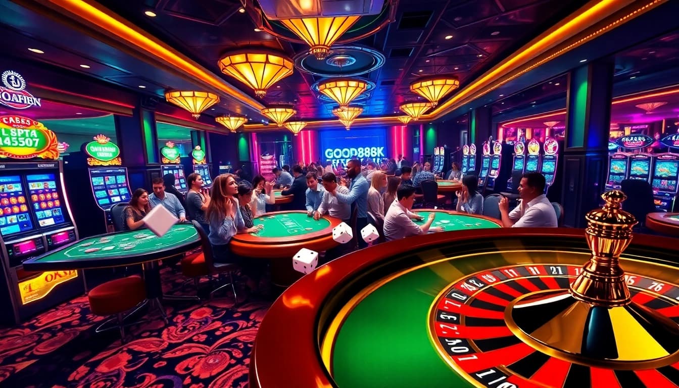 Players enjoying a vibrant casino scene at https://good88k.co/, showcasing a roulette wheel and slot machines.