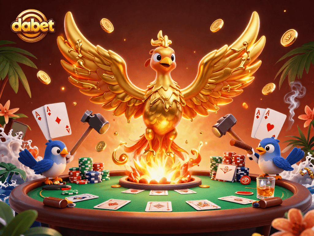 Trò chơi poker hấp dẫn với dabet và biểu tượng phượng hoàng vàng đang tỏa sáng.