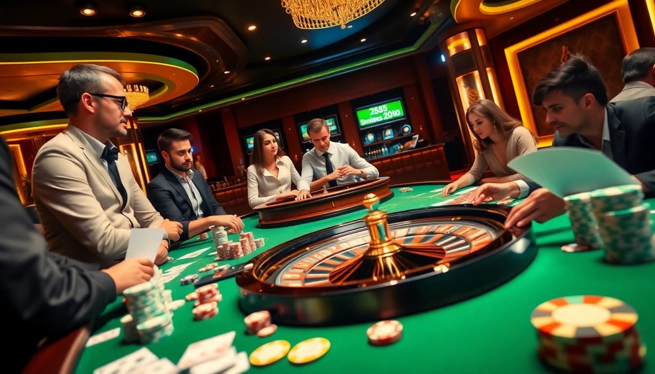 Players engaging in high-stakes gaming at KK55 casino with vibrant tables and rich atmosphere.