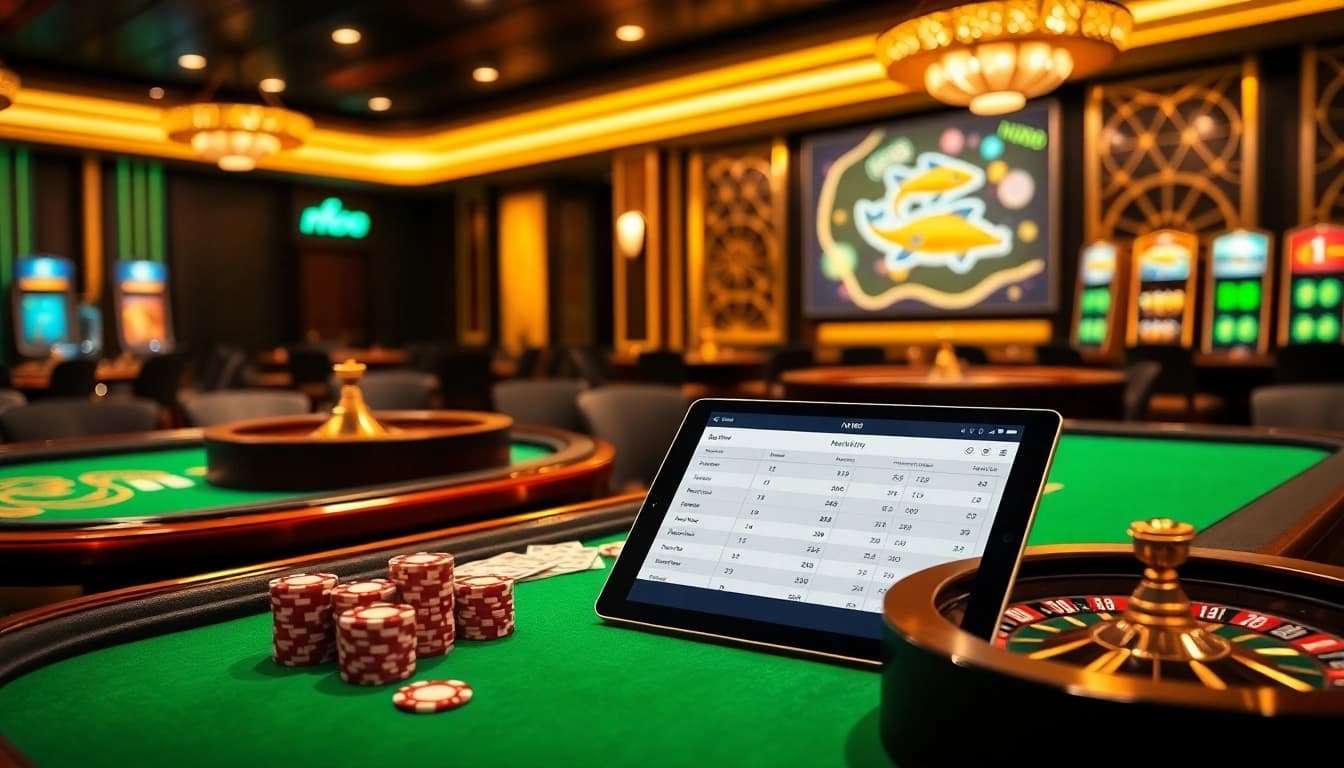 Experience excitement at nk88 with a vibrant casino scene featuring poker chips and live betting tables.