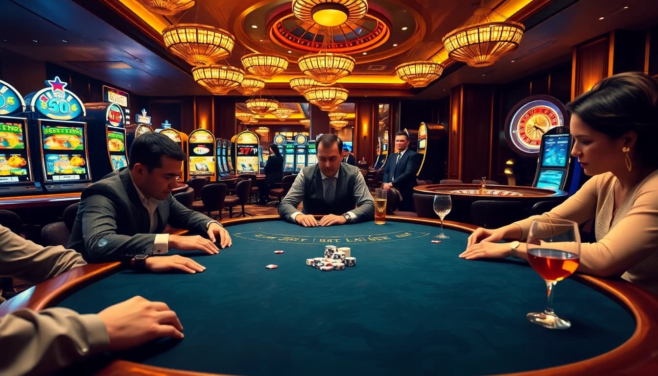 Players engage in intense poker action at nhà cái uk88's luxurious casino.