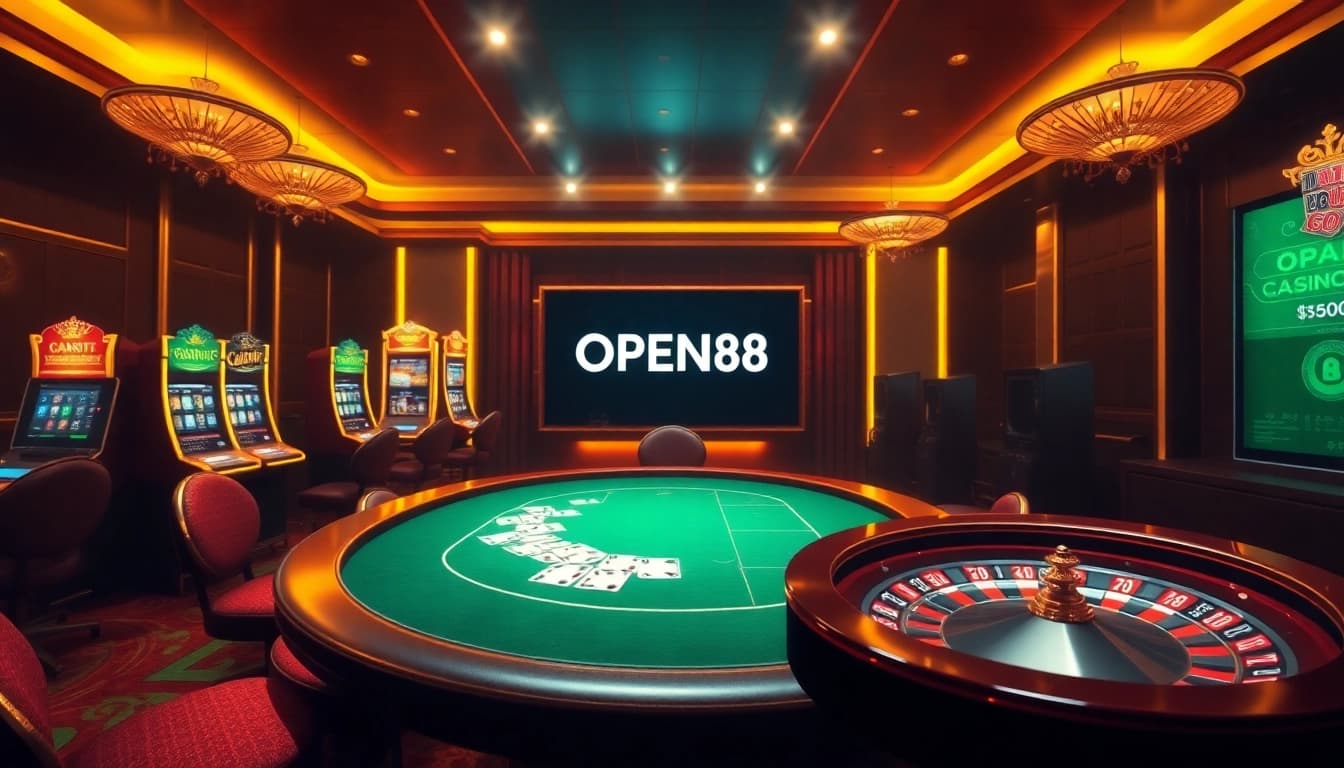 Experience thrilling online gambling at OPEN88 with vibrant slots and elegant poker tables.