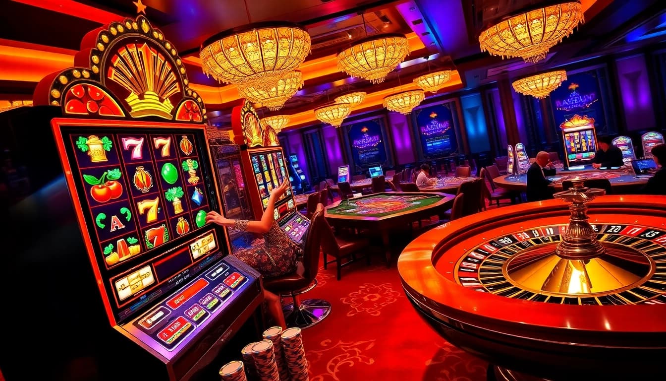 Experience the excitement of 23win with vibrant slot machines and luxurious casino game elements.
