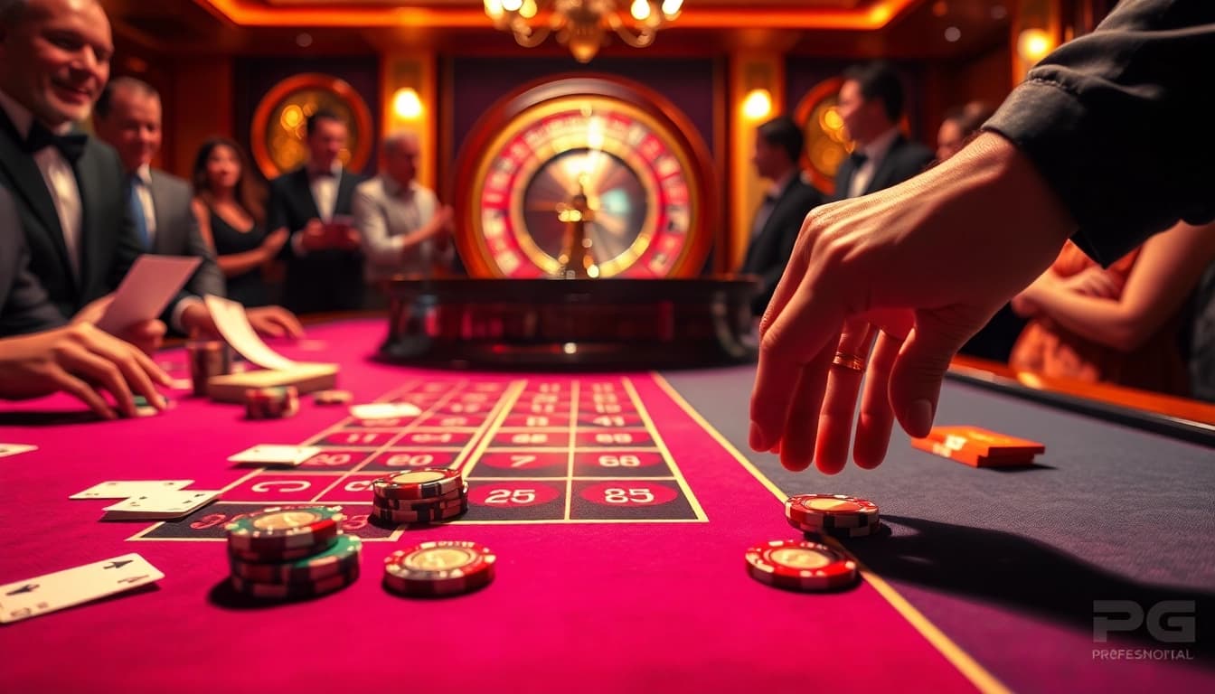 Players engaged in a thrilling game of roulette at a PG-branded casino table filled with chips and cards.