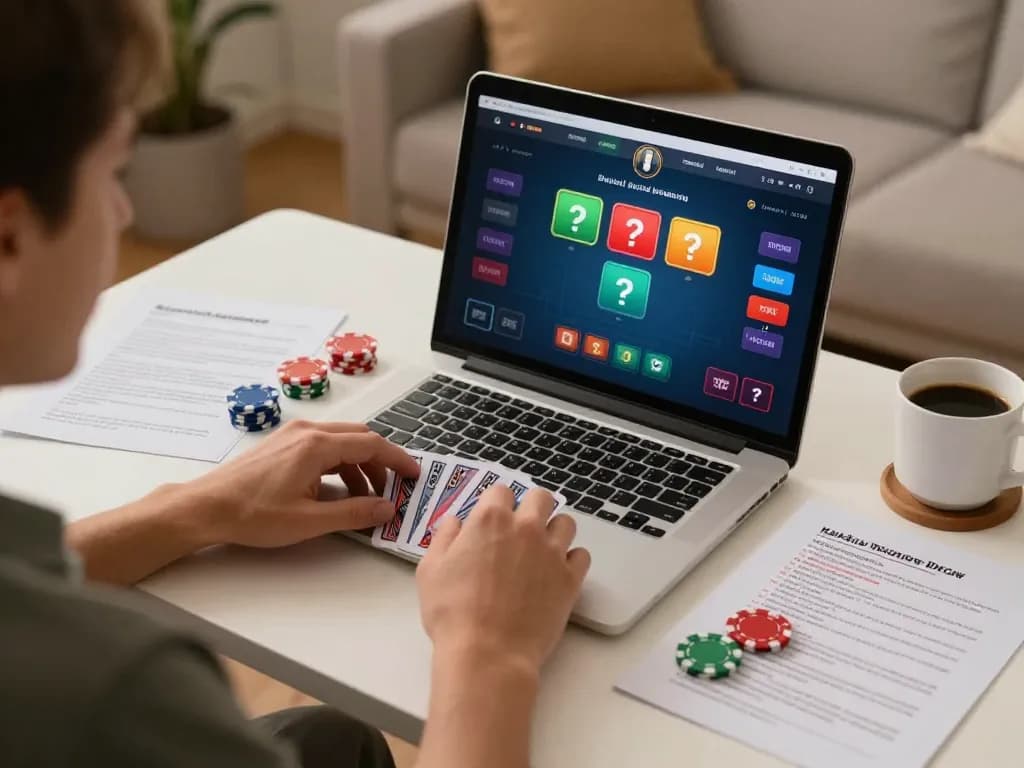Player engaging in an online poker game on O8 with strategic notes in a cozy home setting.