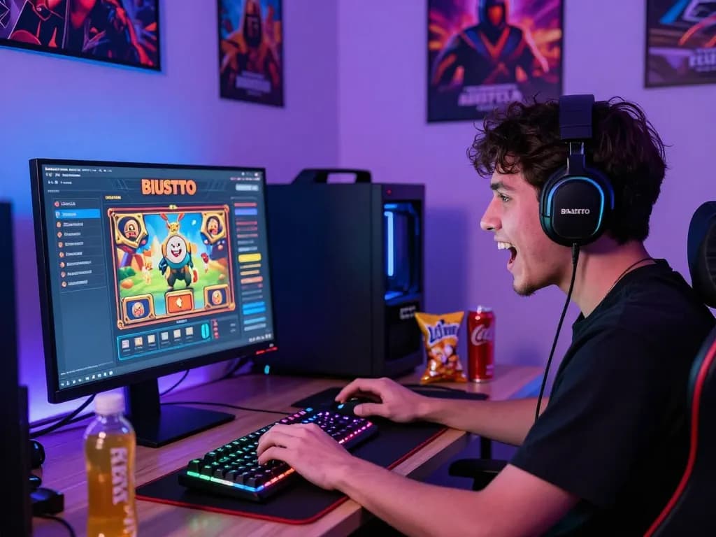 Engaged player enjoying BIUSTOTO online slots with high-tech gaming setup and vibrant atmosphere.