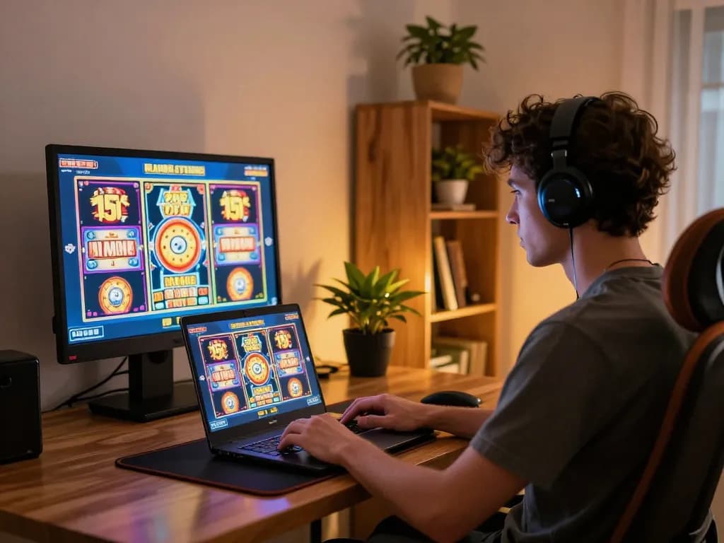 Engaged player spinning slots on mesingg online platform at home.