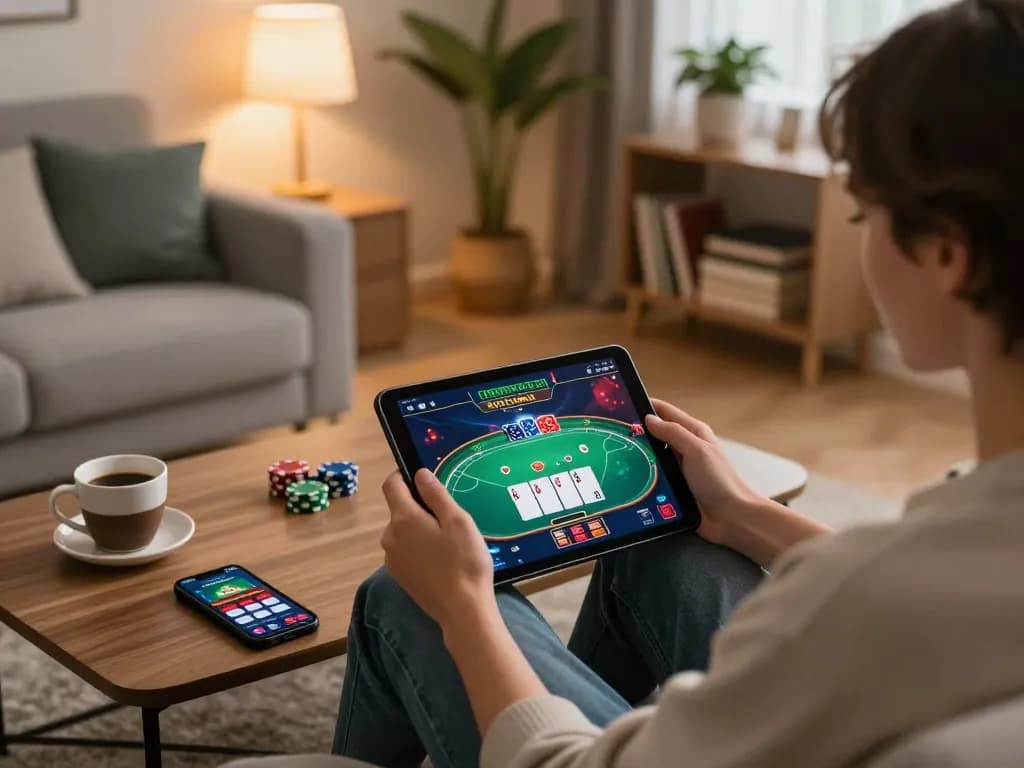 Player engaging with nhà cái fun79 gaming on a tablet in a cozy home setting