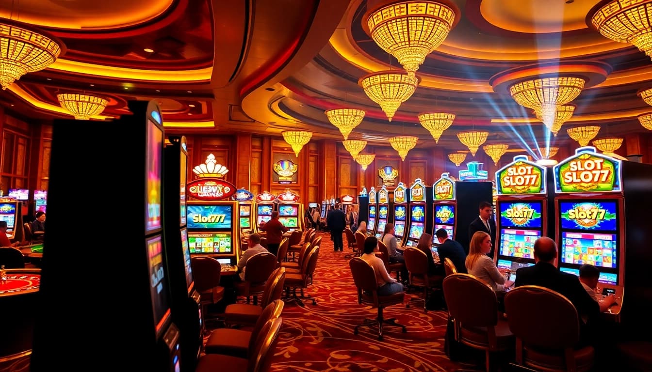 Excited players enjoying slot777 games at vibrant casino slot machines.