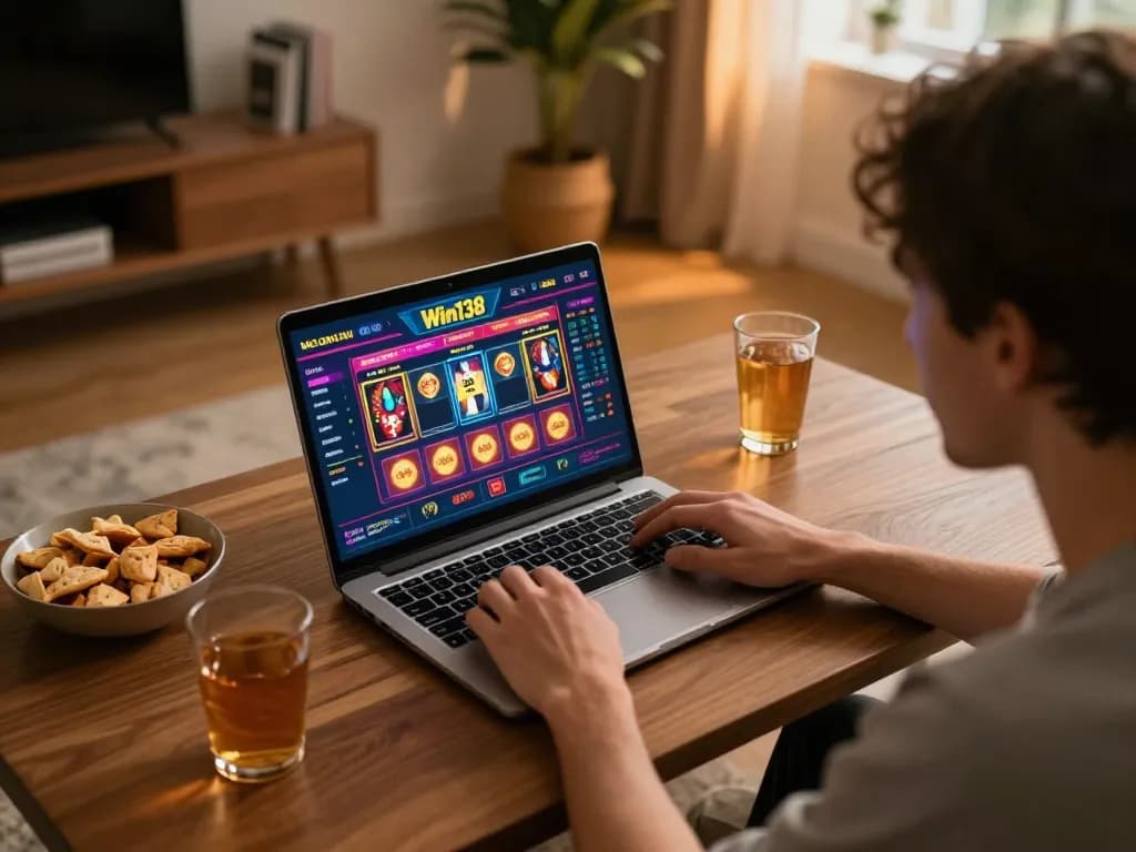 Person playing Win138 online casino on a laptop showcasing vibrant game interface, relaxed gaming atmosphere