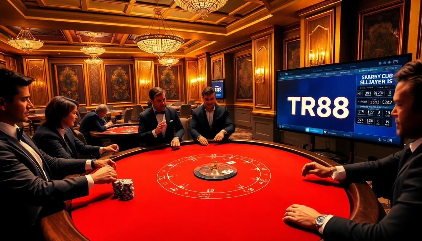 Gambling enthusiasts play blackjack under luxury lighting at a casino, featuring the keyword TR88 prominently.
