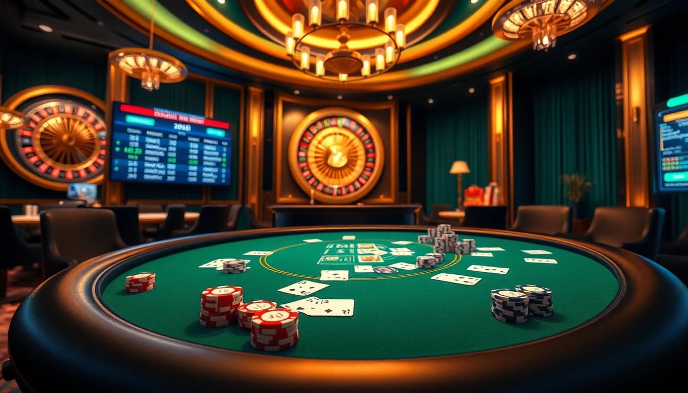 Experience the excitement of Dominoqiu poker with vibrant chips and elegant casino graphics.