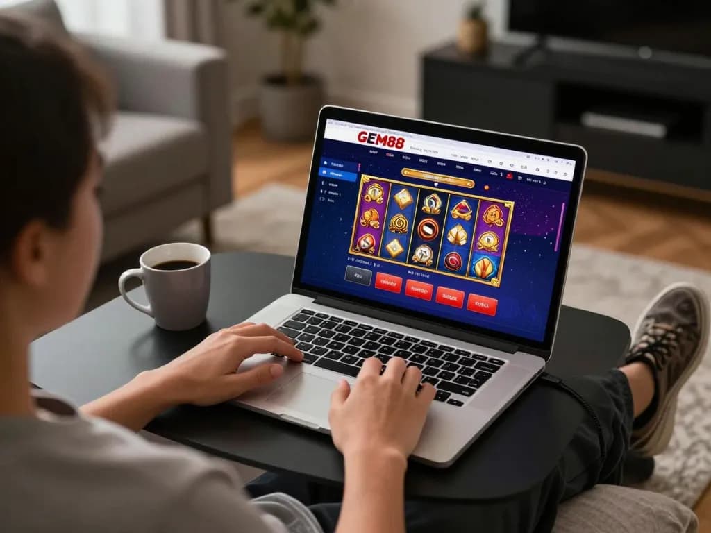 Experience GEM88 with engaging online slot games in a cozy home setup.