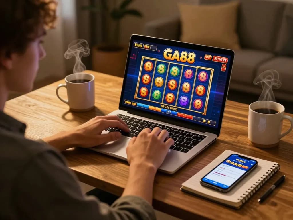 Player enjoying GA88 slots on laptop, showcasing vibrant graphics and strategic entertainment.