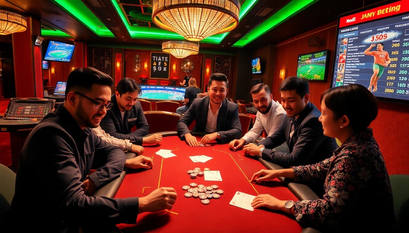 Exciting Judi Bola betting scene in a luxurious casino with engaged bettors and vibrant sports displays.