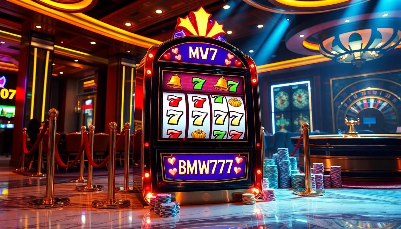 Bmw777 slot machine showcases vibrant spinning reels, poker chips, and casino ambiance.