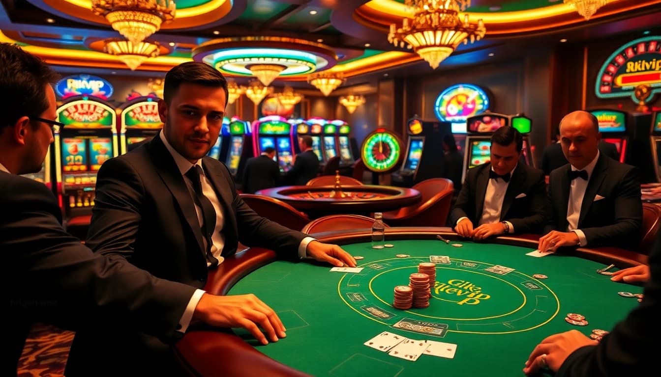 Players engaging in a high-stakes poker game at Rikvip, celebrating wins with vibrant chips and luxury surroundings.