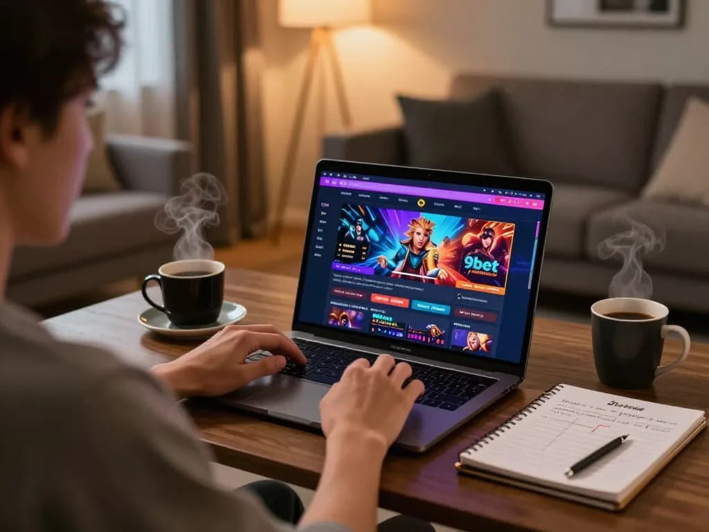 Engaged player enjoying 9bet online casino on a laptop at home, showcasing strategic gameplay.