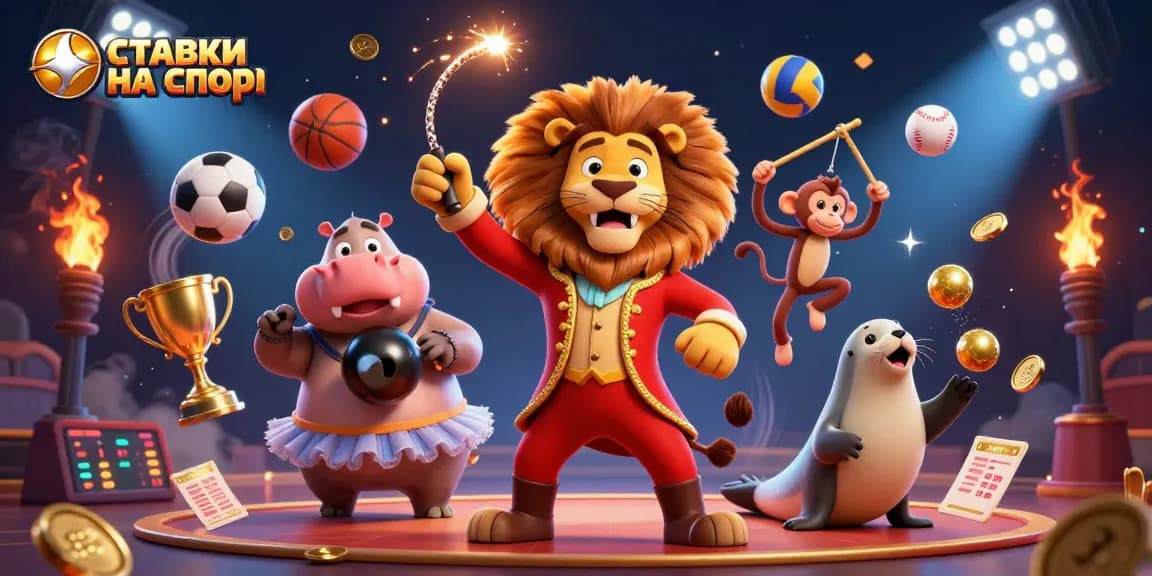 Engage in ставки на спорт with dynamic sports elements and vibrant circus characters showcasing action and excitement.