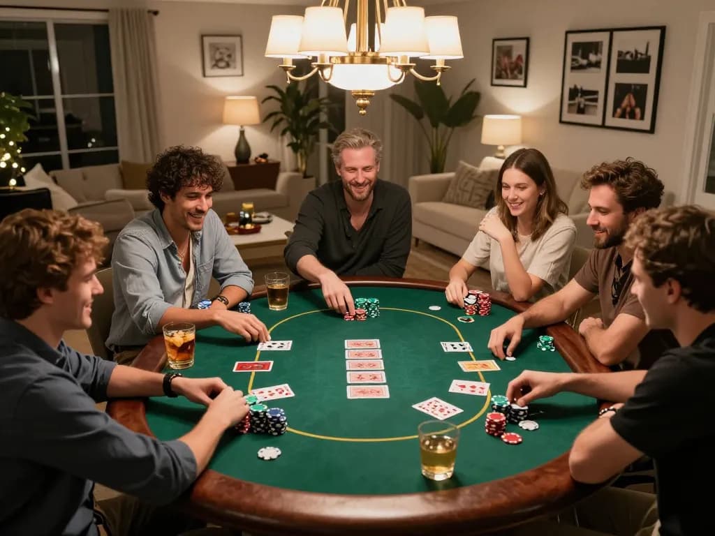 Players enjoying a thrilling poker night at home, showcasing 777VIP's exciting gaming experience.