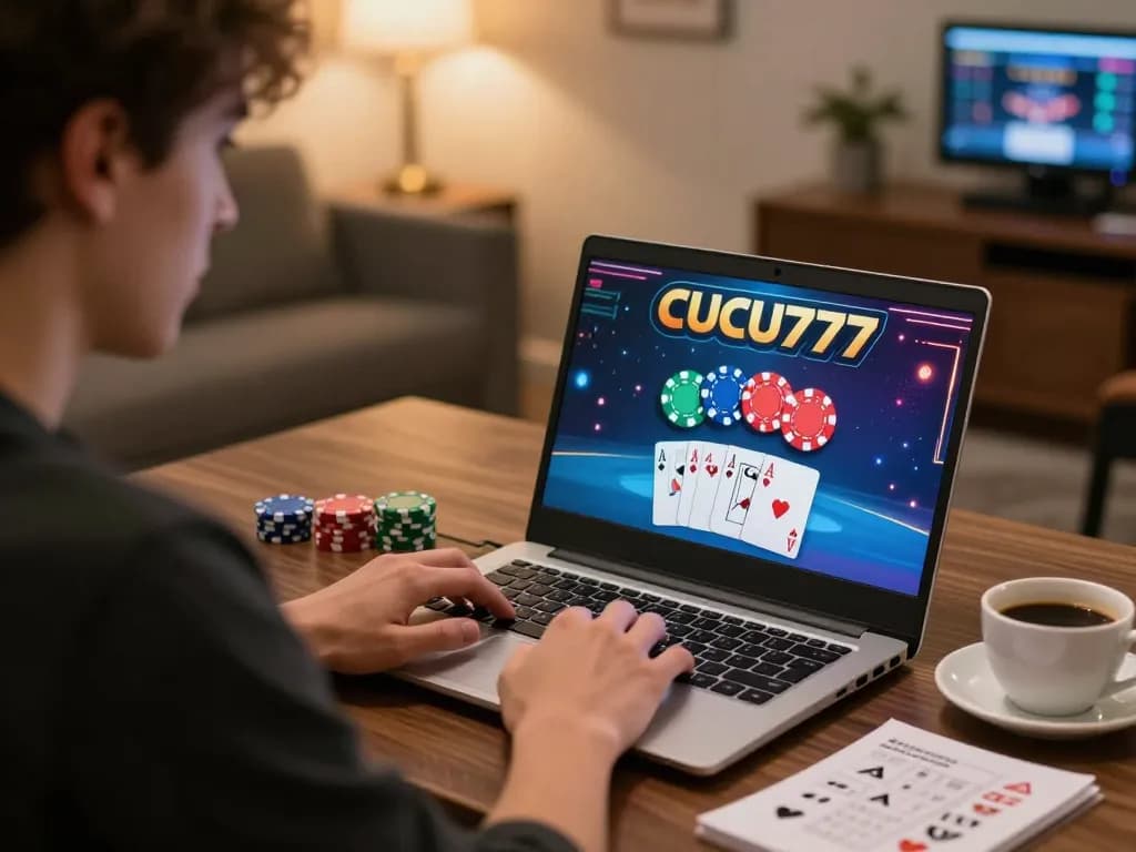 Player engages in CUCU777 online poker, showcasing strategic gameplay and personal environment.