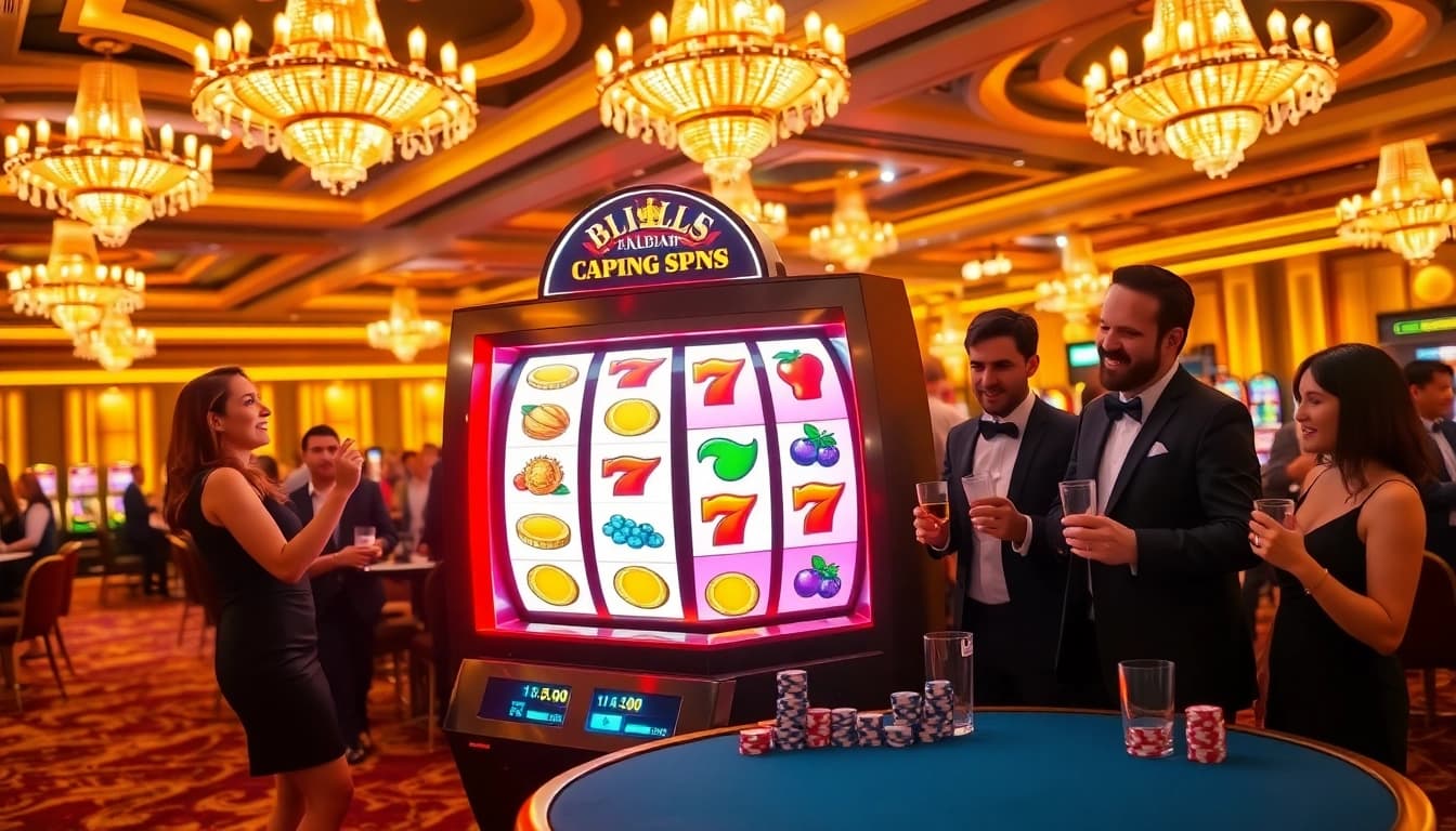 Players enjoying a thrilling slot game experience in a luxurious casino atmosphere.