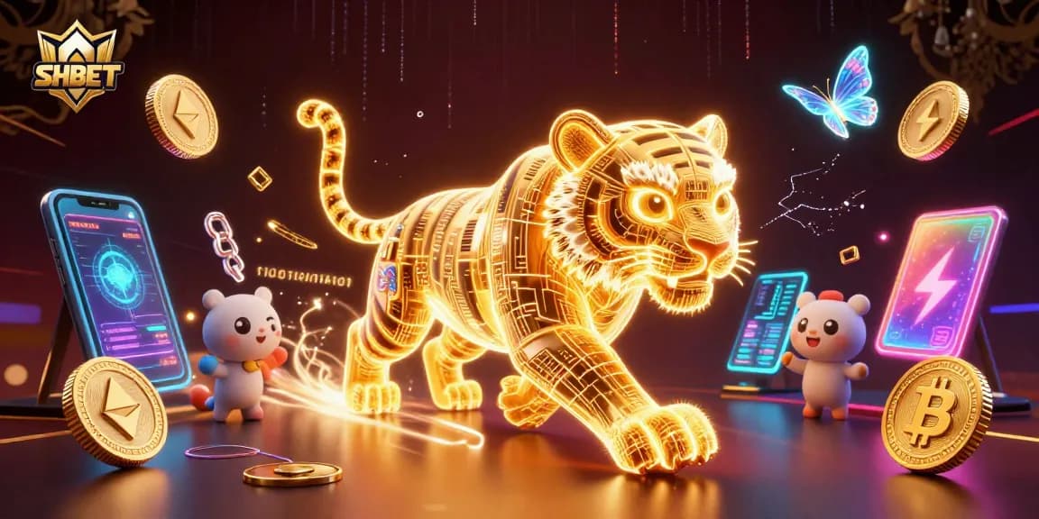 Engage with SHBET's vibrant digital casino experience featuring a neon tiger amidst cryptocurrency elements.
