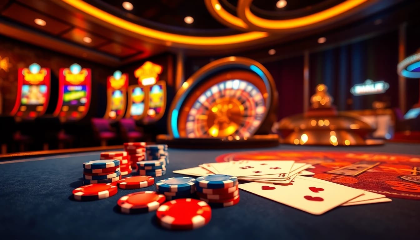 Exciting online casino gameplay with tk88 poker table, roulette wheel, and vibrant slots.