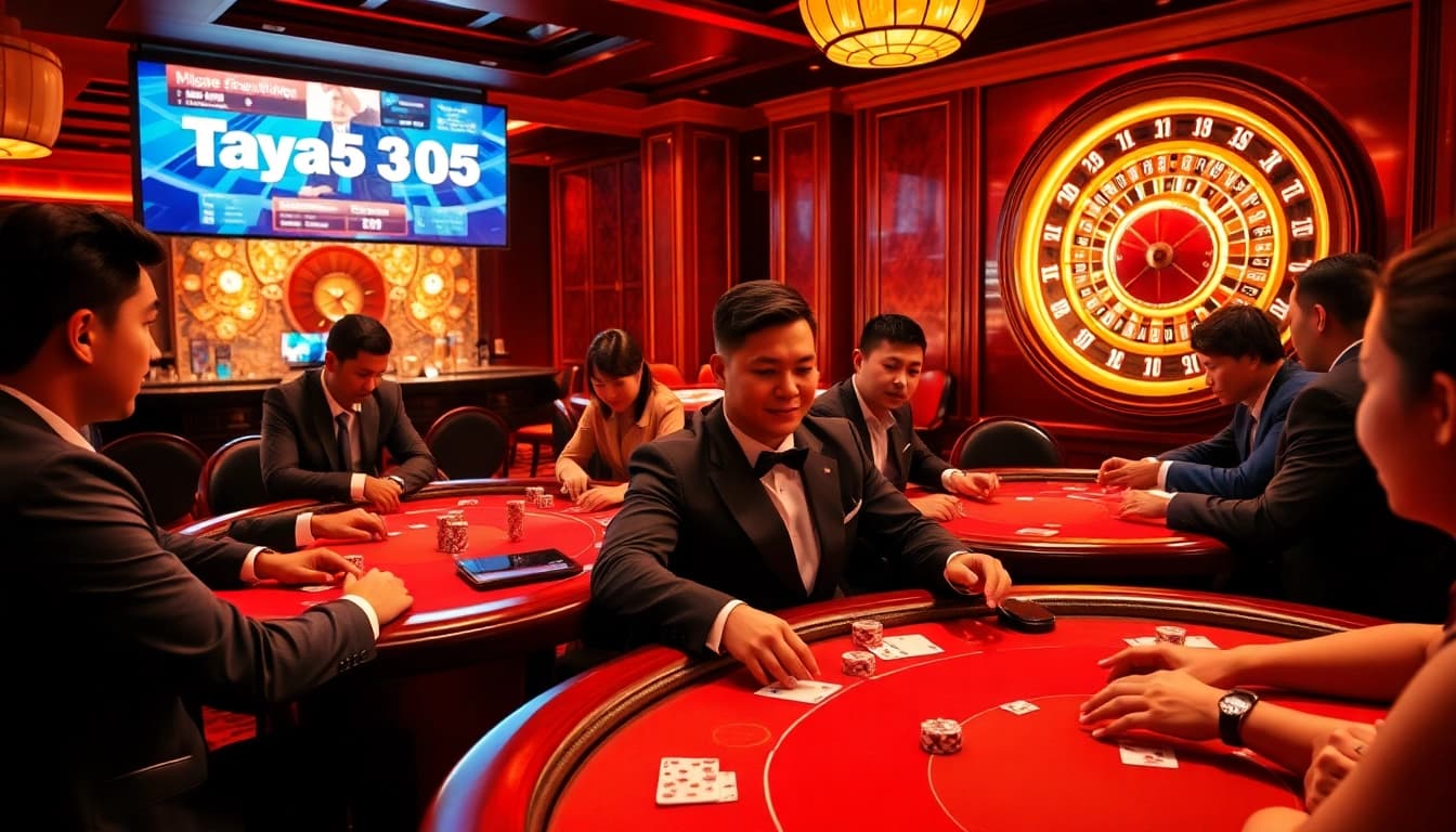 Taya365 PH players enjoying a thrilling poker game inside a luxurious casino atmosphere.