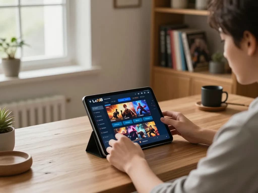 Person enjoying Lc88 trang chủ casino games on tablet in cozy home setup, emphasizing responsible gaming.