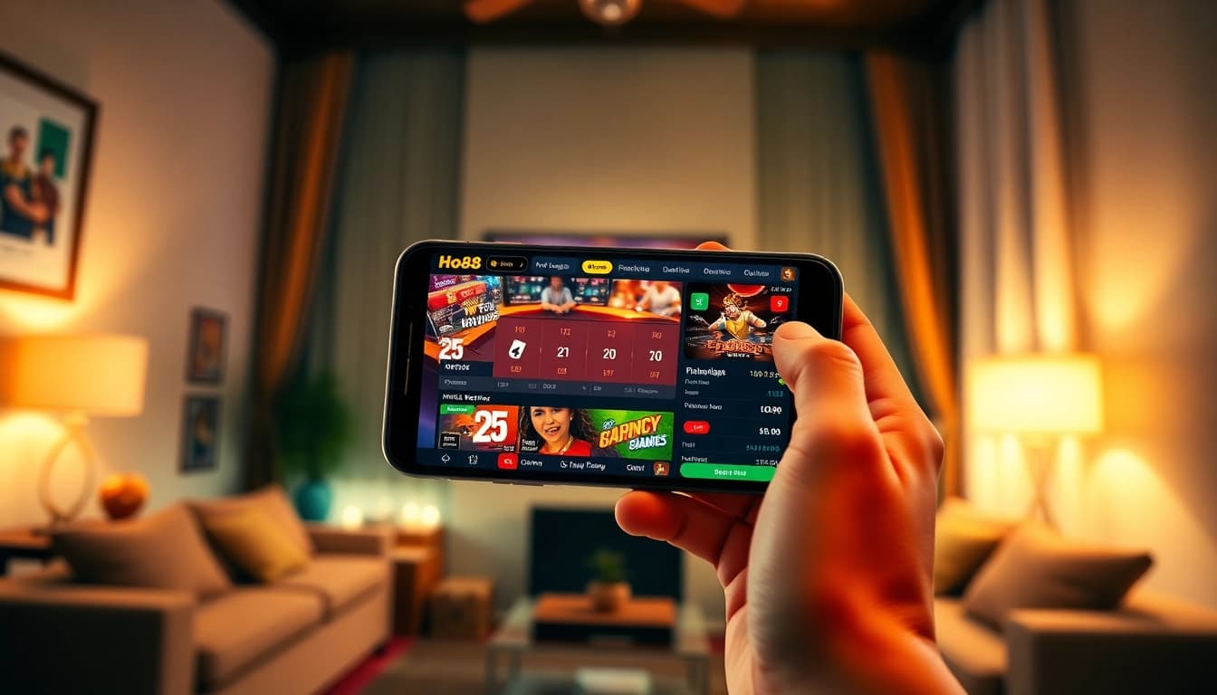 Ho88 app on a smartphone showcasing vibrant online gaming bets and excitement.