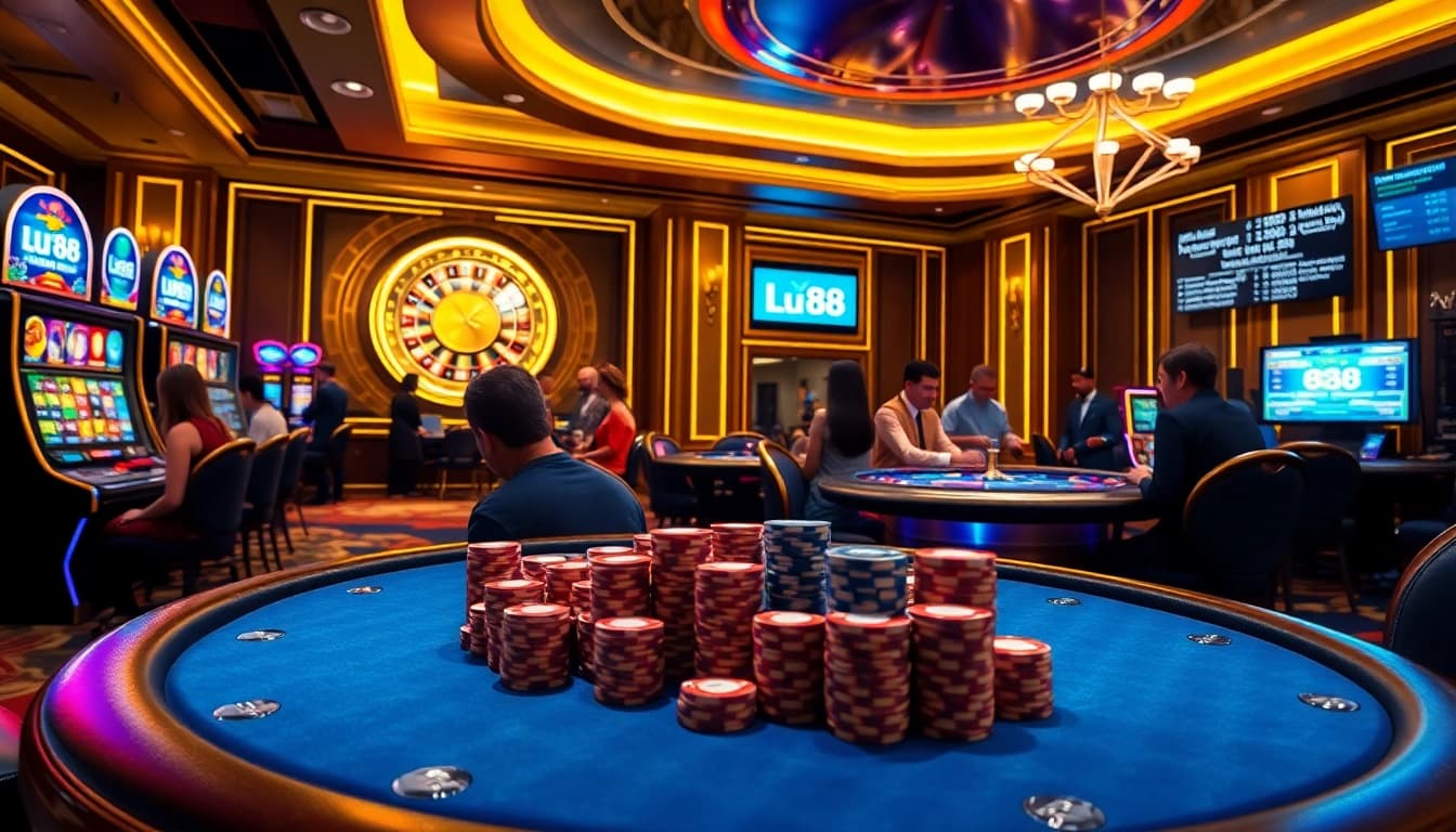 Experience high-stakes excitement with Lu88's premium gambling scene featuring vibrant slot machines and a poker table.