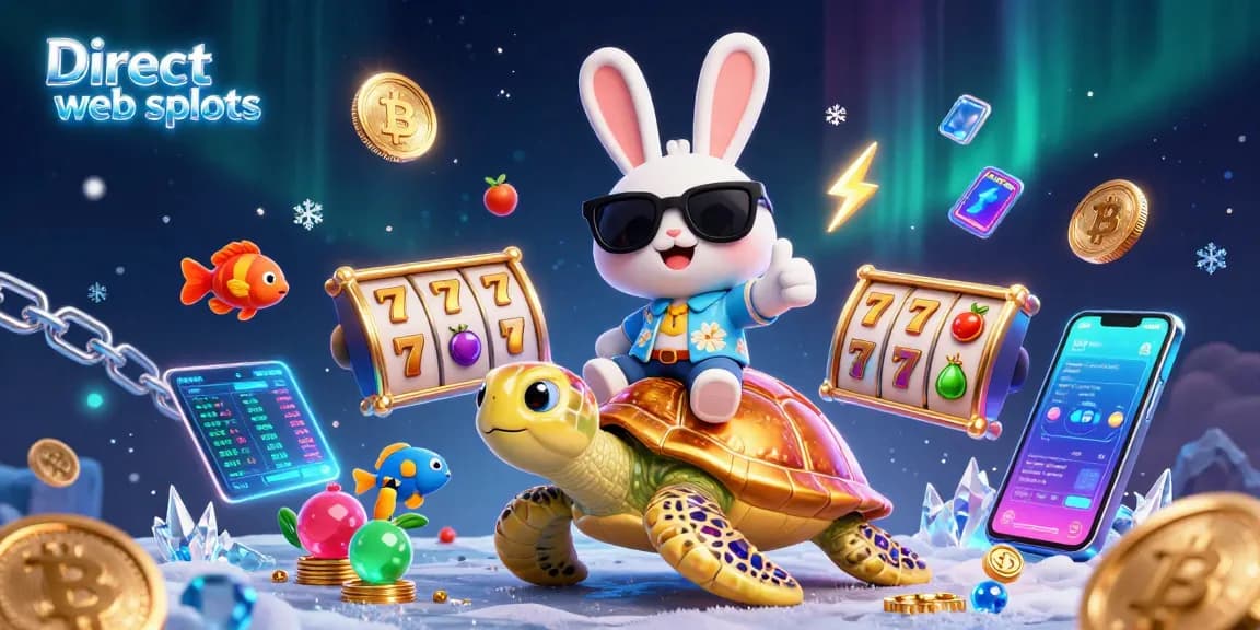 Experience the thrill of Direct web slots with a cartoon lucky rabbit and golden sea turtle, entwined in a vibrant casino scene.