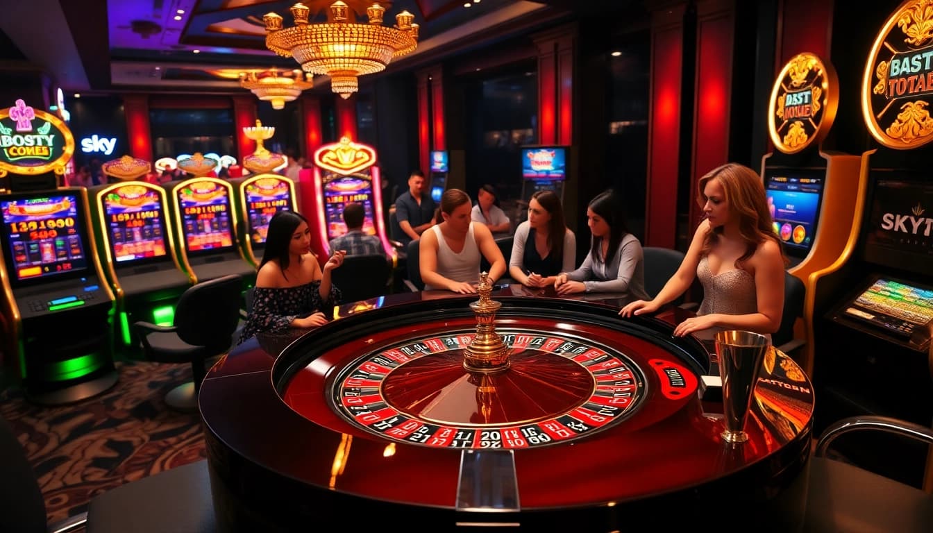 Experience high-stakes gaming at sky88's luxurious casino environment with vibrant slot machines and roulette highlights.