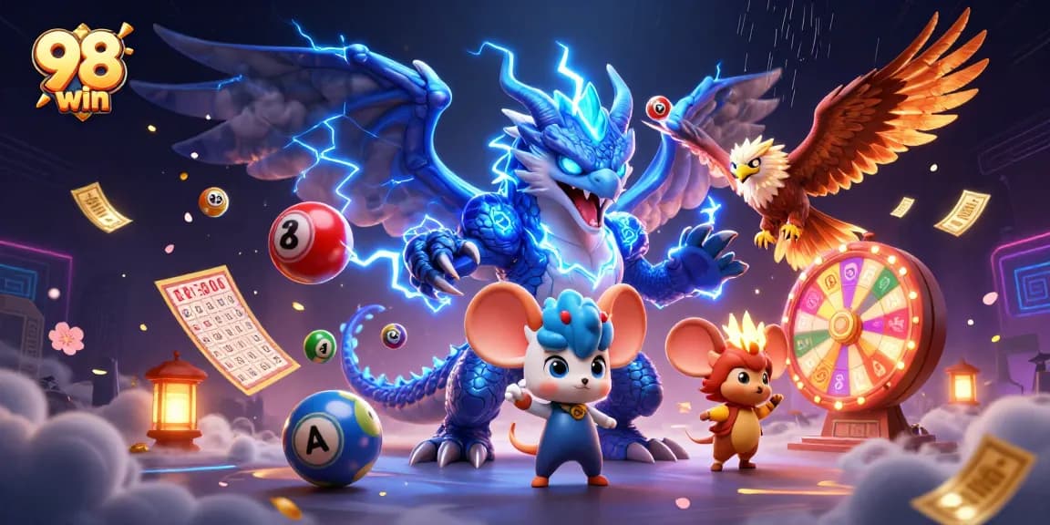Experience exhilarating wins with 98 win dynamic gaming illustrated in a vibrant 3D scene filled with excitement.
