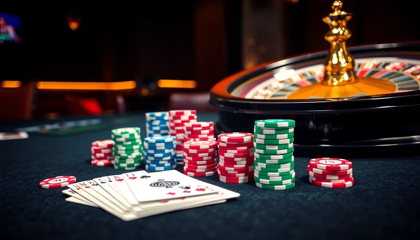 Experience the thrill of betting at uk88 with a vibrant casino setup, showcasing poker chips and cards.