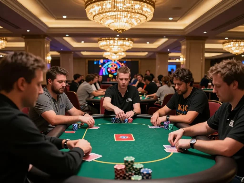 KJC poker tournament in luxury casino setting with intense gameplay and vibrant atmosphere.
