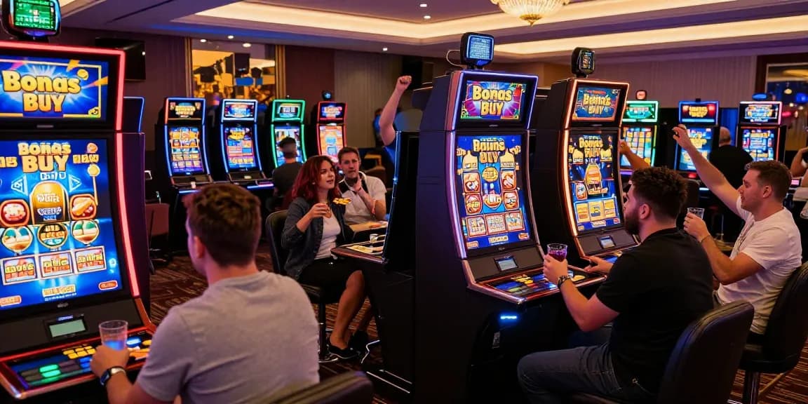 Players enjoying the thrill of bonus buy slots in a lively UK casino.