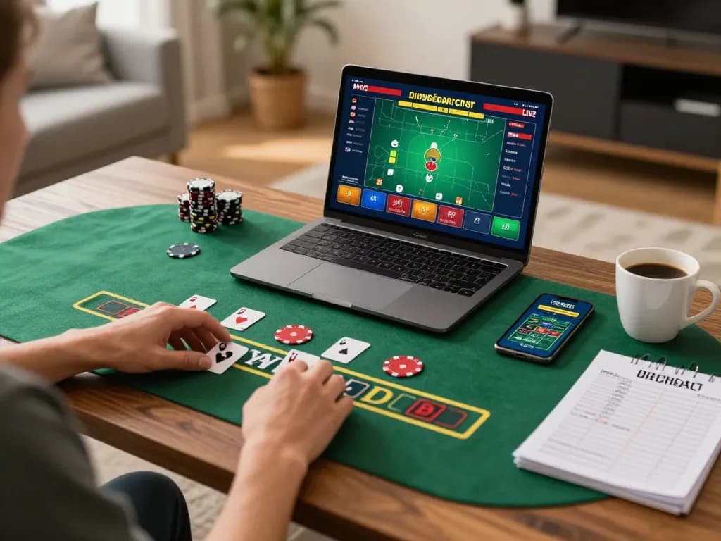 Engaging in du88 blackjack strategies with laptop and smartphone at home gaming setup