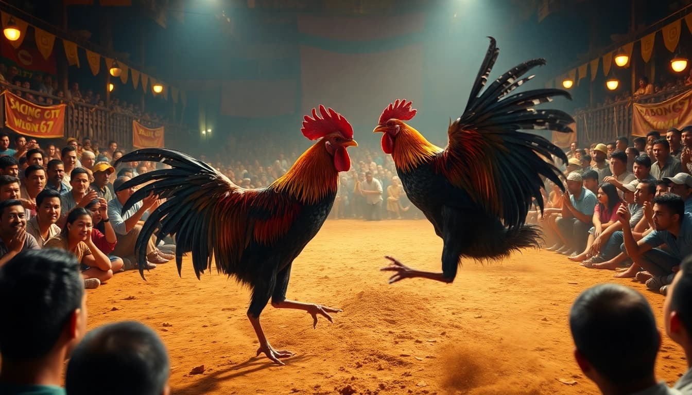Exciting live cockfight at Sabong 67, capturing the vibrant atmosphere and intense action.