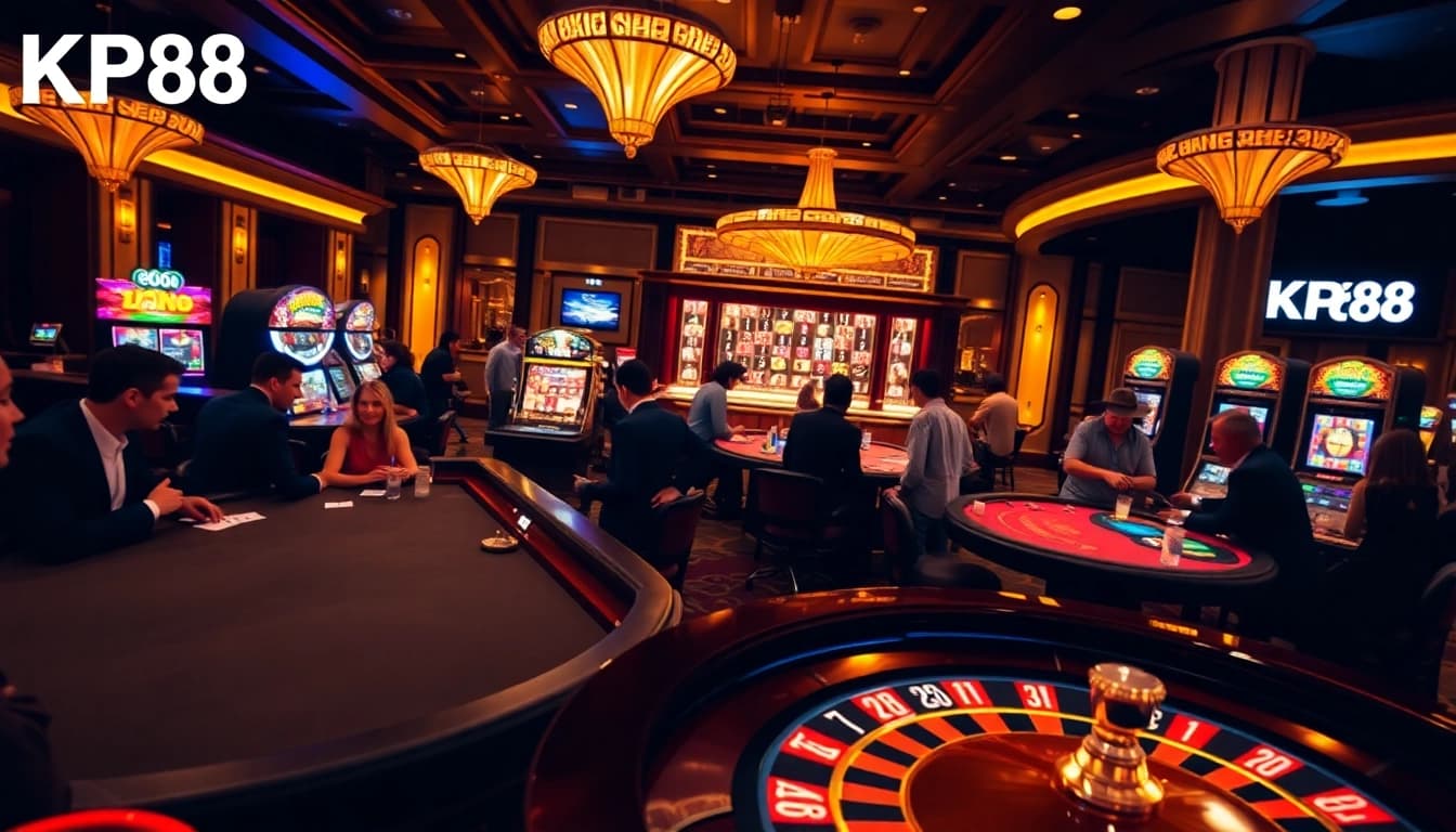 Players enjoying high-stakes games at KP88 casino, featuring poker tables and a roulette wheel.